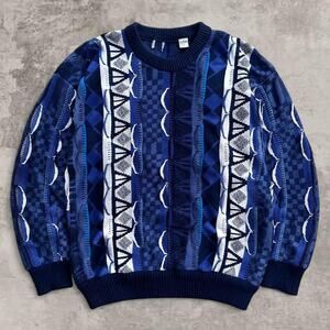 Coogi Style Blue 100% Cotton Sweater Navy Sky Geometric Knit Jumper L Vintage